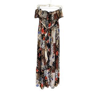 Red Carpet Midi Dress L Patchwork Strapless Ruffled Sheer Floral Animal Print